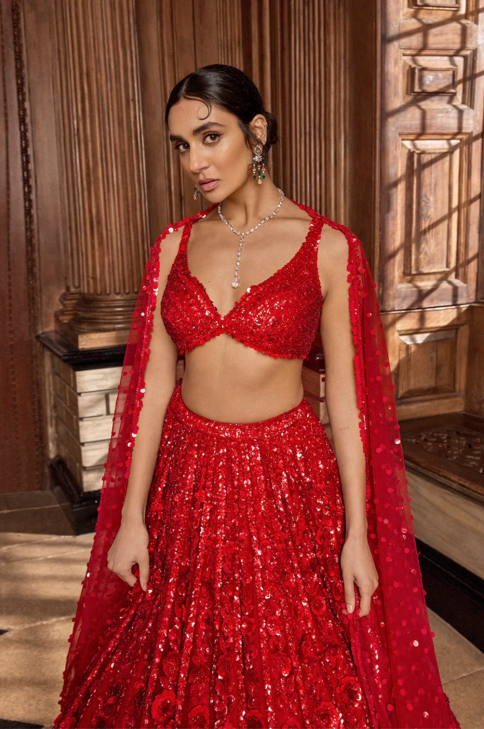 Red Floral Sequin Lehenga Set 4