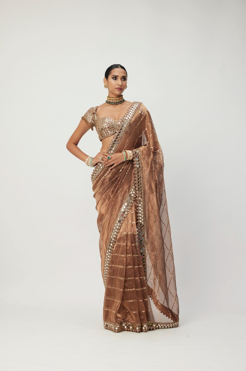 Copper Shimmer Organza Saree Set - Ready to Ship