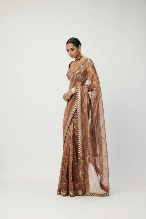 Copper Shimmer Organza Saree Set - Ready to Ship