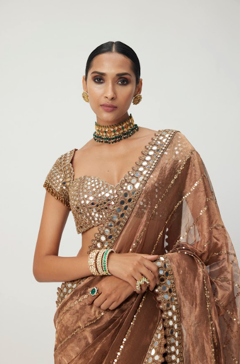 Copper Shimmer Organza Saree Set - Ready to Ship