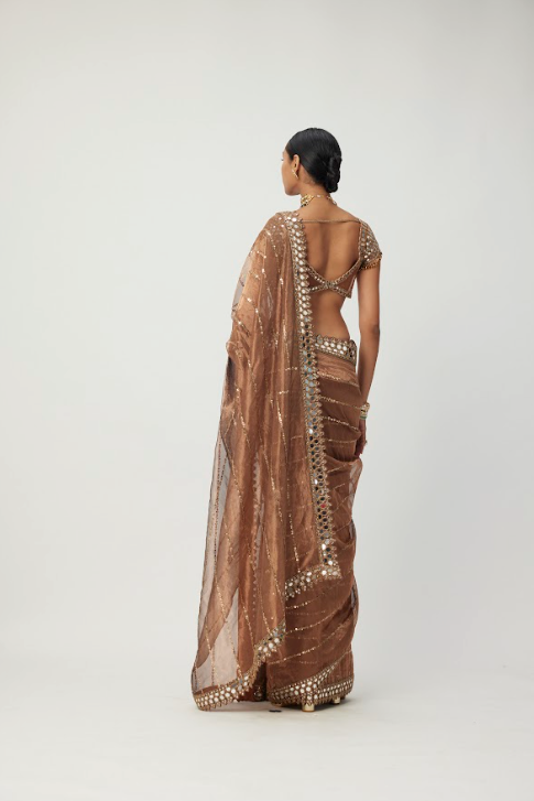 Copper Shimmer Organza Saree Set - Ready to Ship