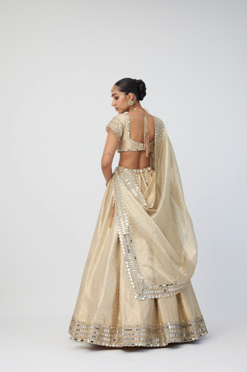 Golden Shimmer Organza Linear Lehenga Set - Ready to Ship
