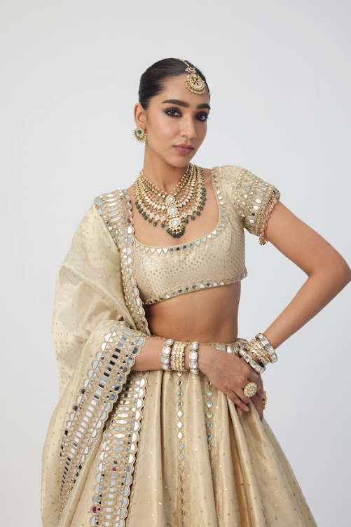 Golden Shimmer Organza Linear Lehenga Set - Ready to Ship