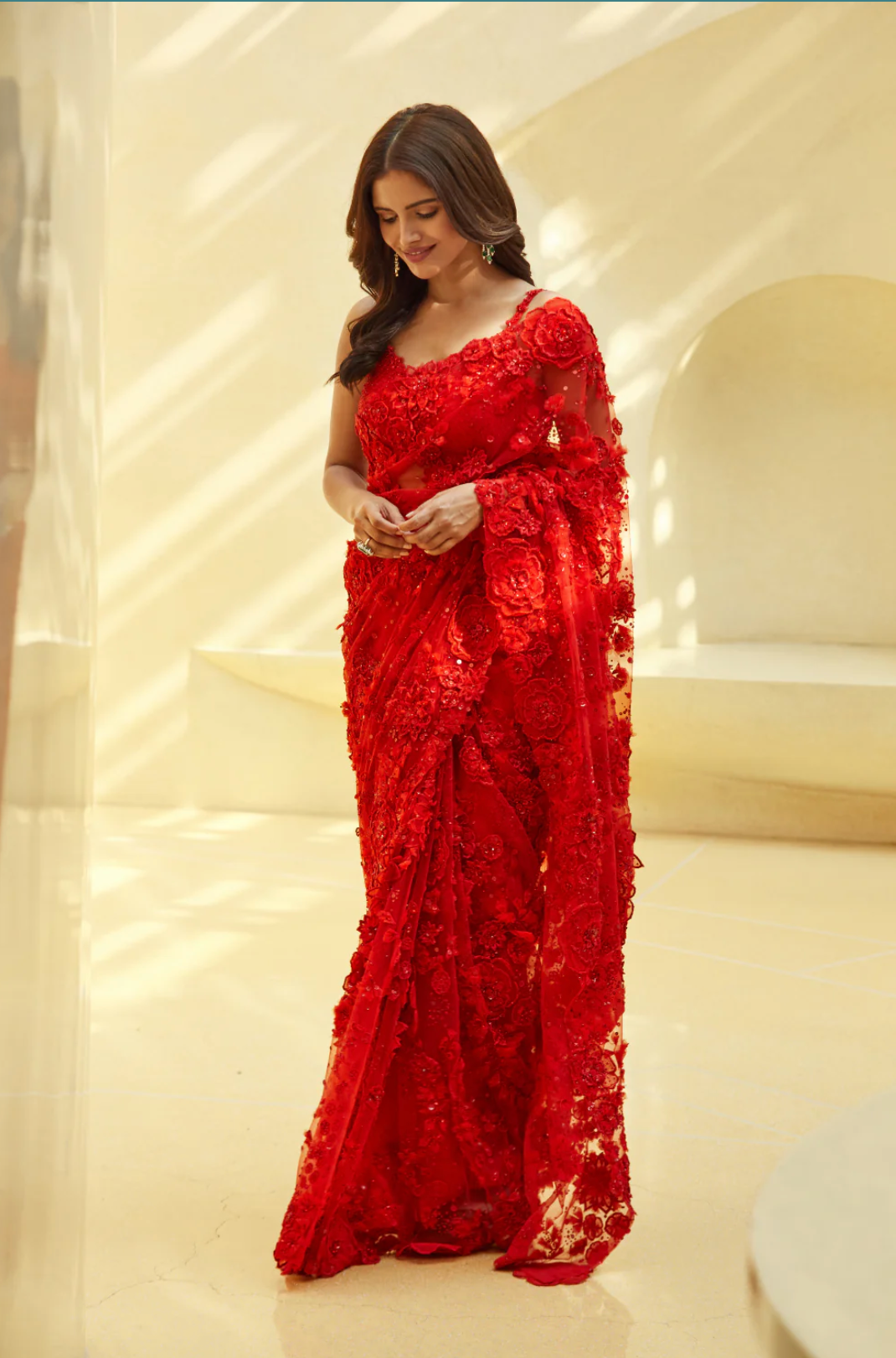 Ruby Red Floral Saree - Ready to Ship