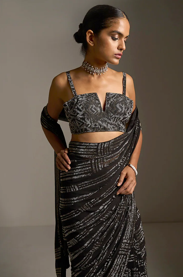 Black Georgette Crystal Embroidered Saree - Ready to Ship