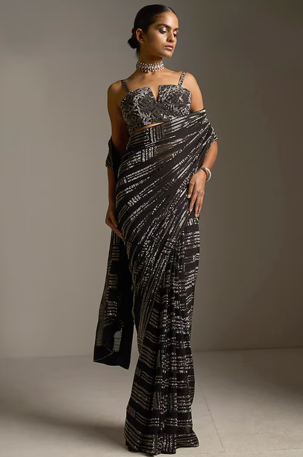Black Georgette Crystal Embroidered Saree - Ready to Ship