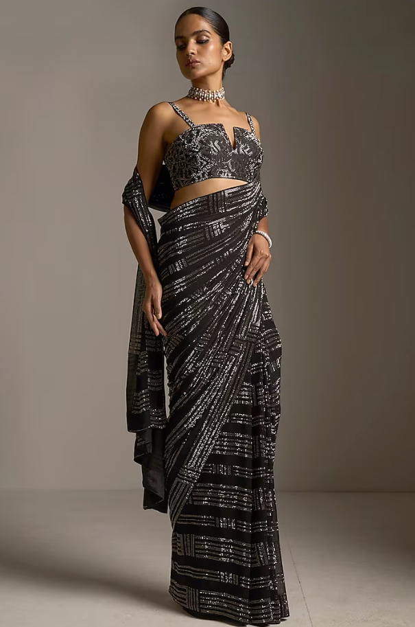 Black Georgette Crystal Embroidered Saree - Ready to Ship