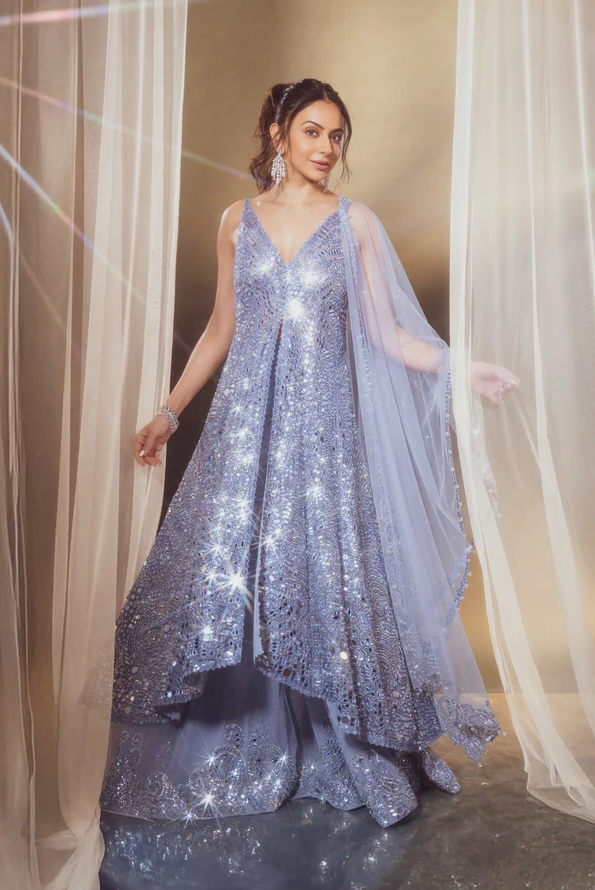 Blue Mirror Work Jacket Sharara Set - Ready to Ship