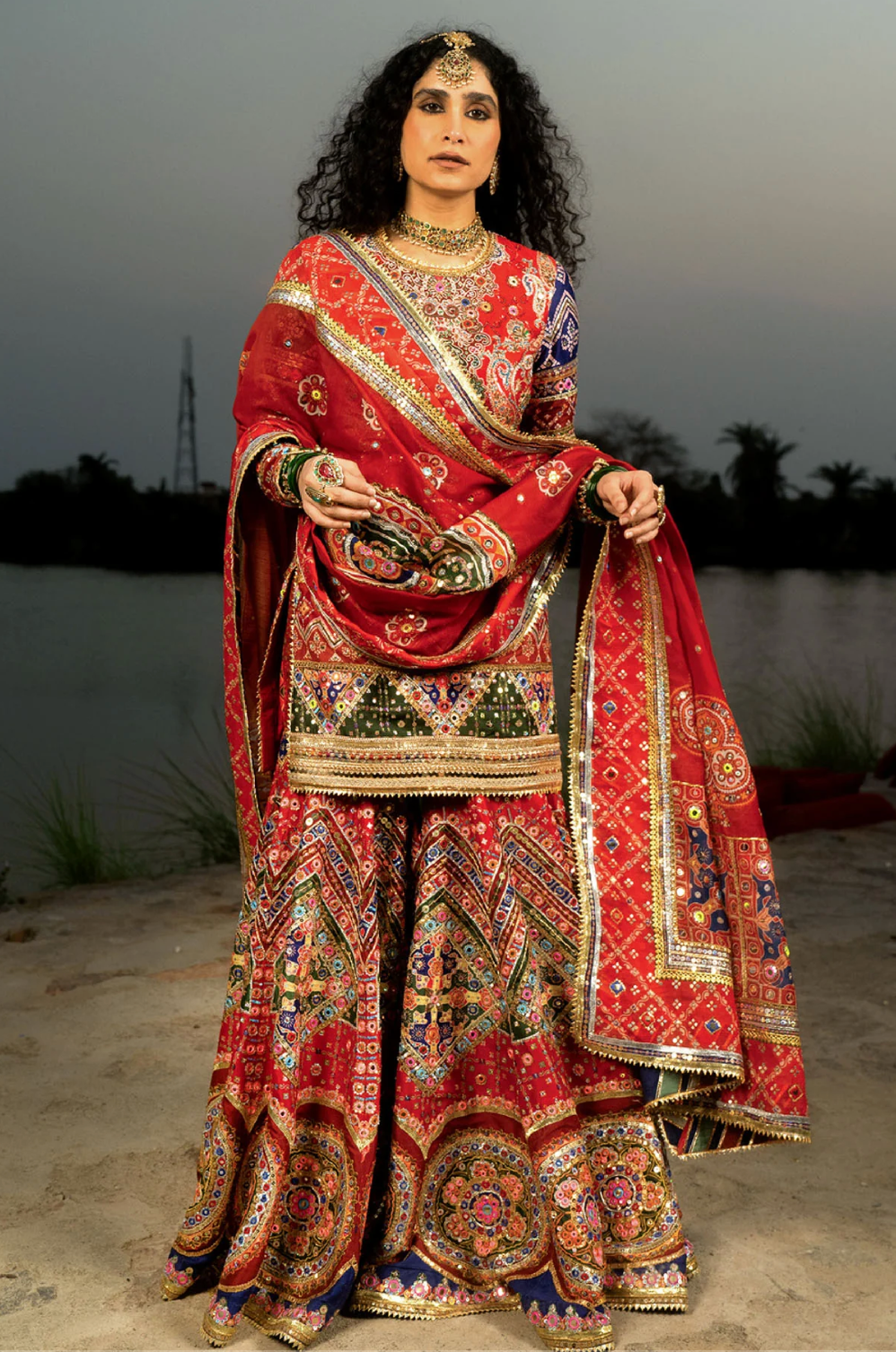 Red Multicolor Banno Sharara Set - Ready to Ship