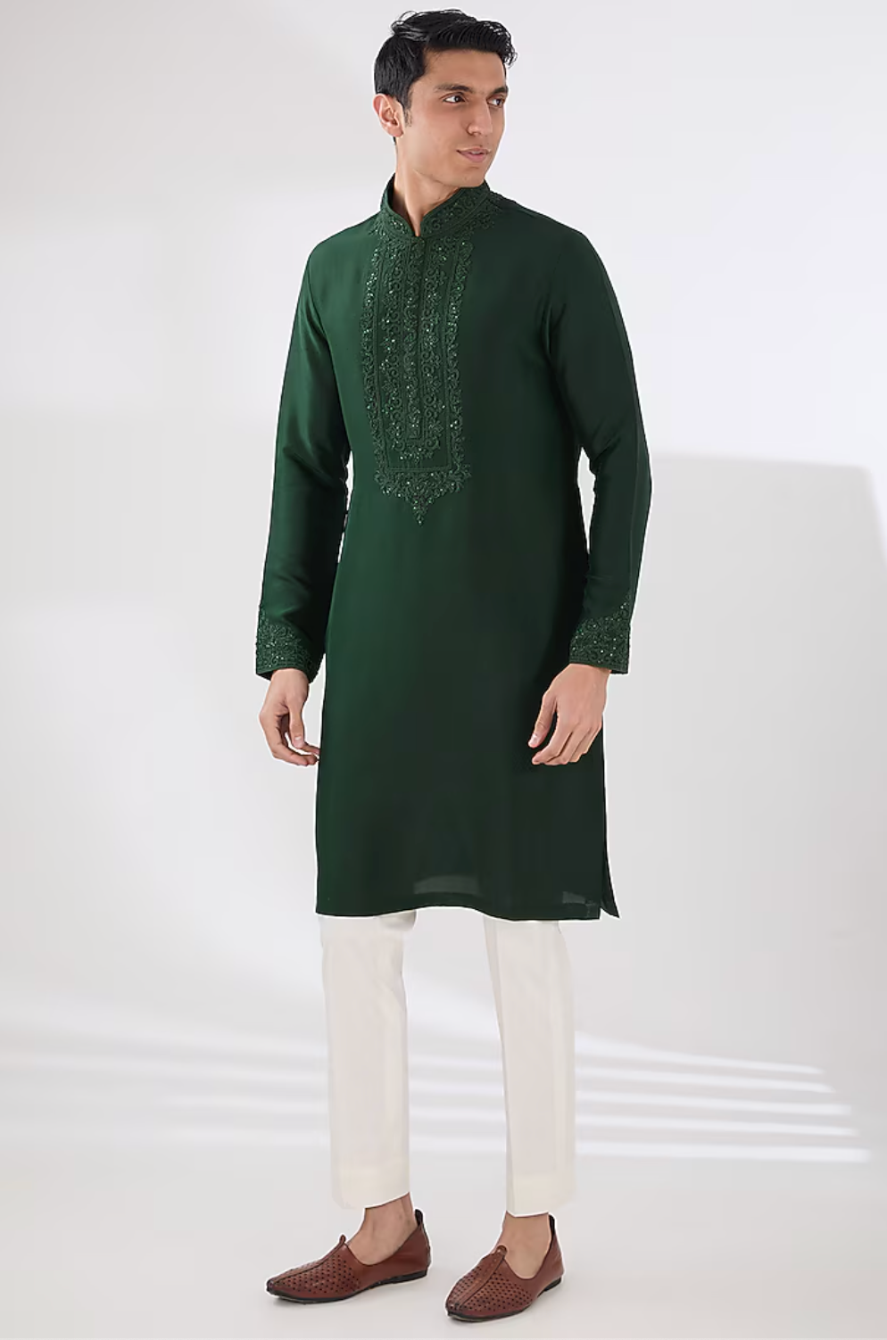 Green Silk Embroidered Kurta Set - Ready to Ship