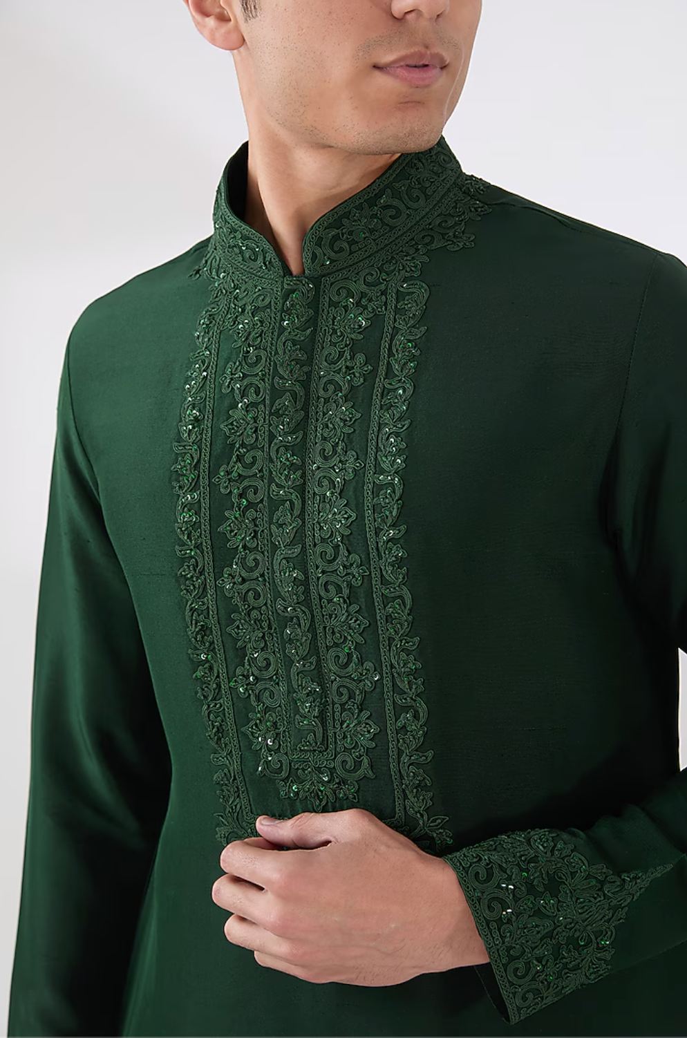 Green Silk Embroidered Kurta Set - Ready to Ship
