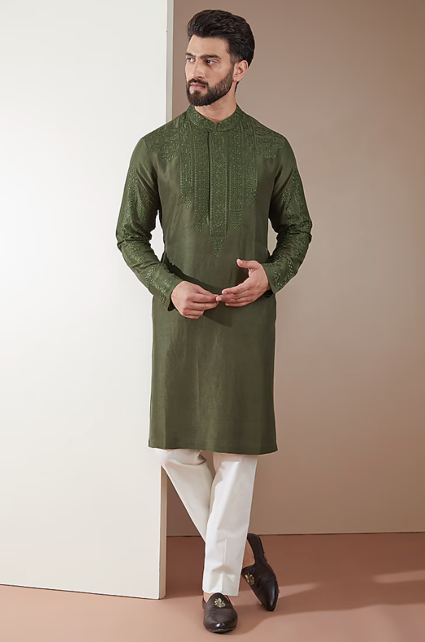 Olive Green Silk Dori Embroidered Kurta Set - Ready to Ship