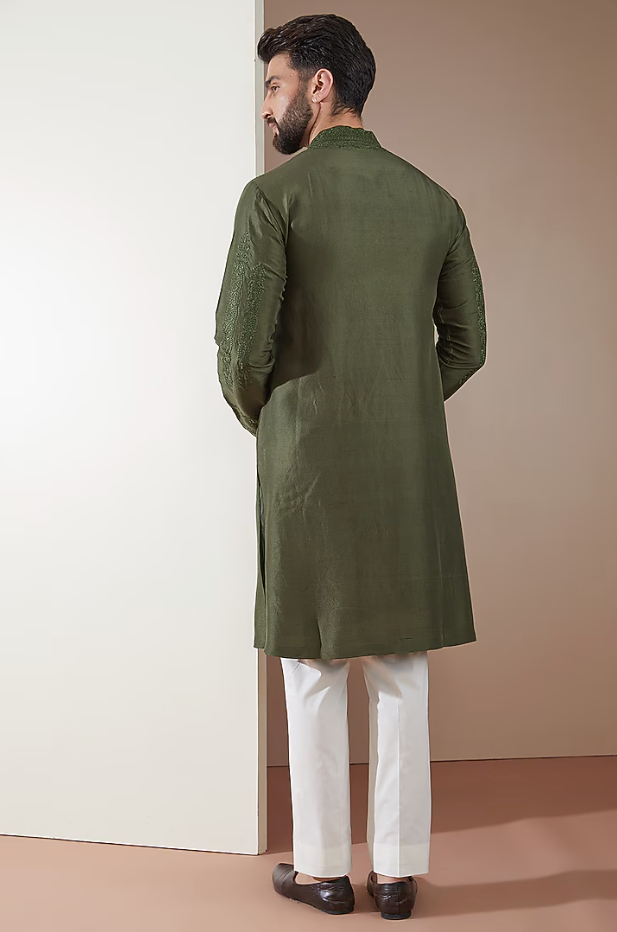 Olive Green Silk Dori Embroidered Kurta Set - Ready to Ship