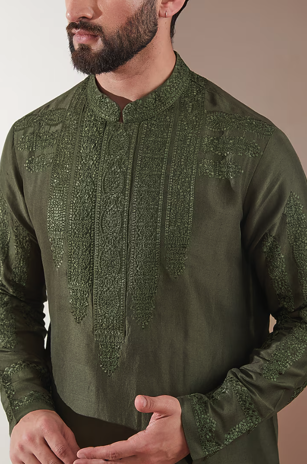 Olive Green Silk Dori Embroidered Kurta Set - Ready to Ship