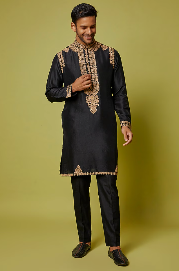 Black Silk Embroidered Kurta Set - Ready to Ship