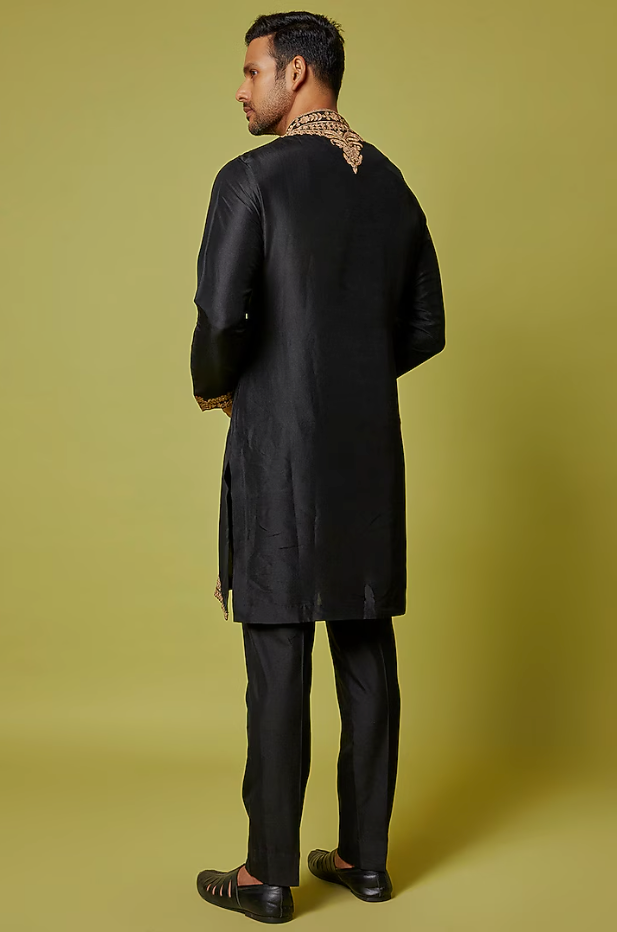 Black Silk Embroidered Kurta Set - Ready to Ship