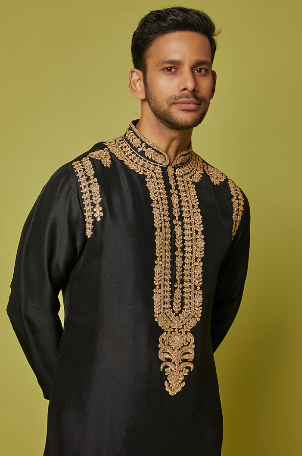 Black Silk Embroidered Kurta Set - Ready to Ship