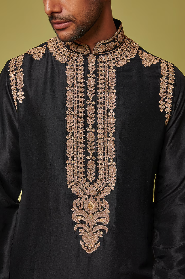 Black Silk Embroidered Kurta Set - Ready to Ship