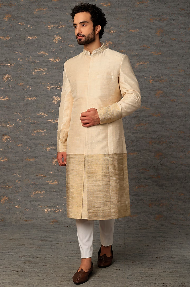 Gold Raw Silk Zari Embroidered Sherwani Set - Ready to Ship