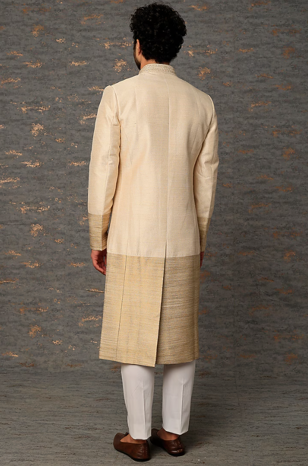 Gold Raw Silk Zari Embroidered Sherwani Set - Ready to Ship