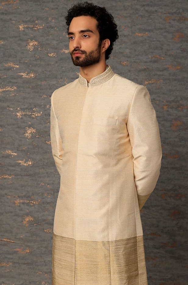 Gold Raw Silk Zari Embroidered Sherwani Set - Ready to Ship