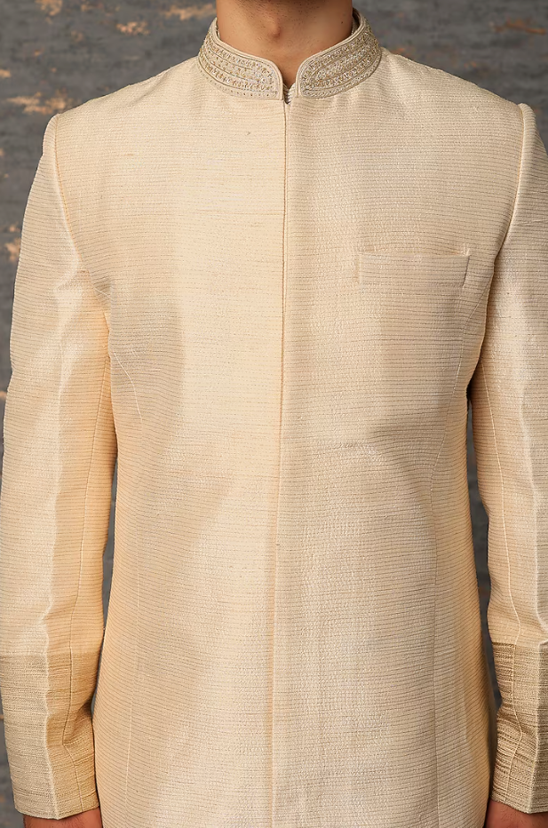 Gold Raw Silk Zari Embroidered Sherwani Set - Ready to Ship