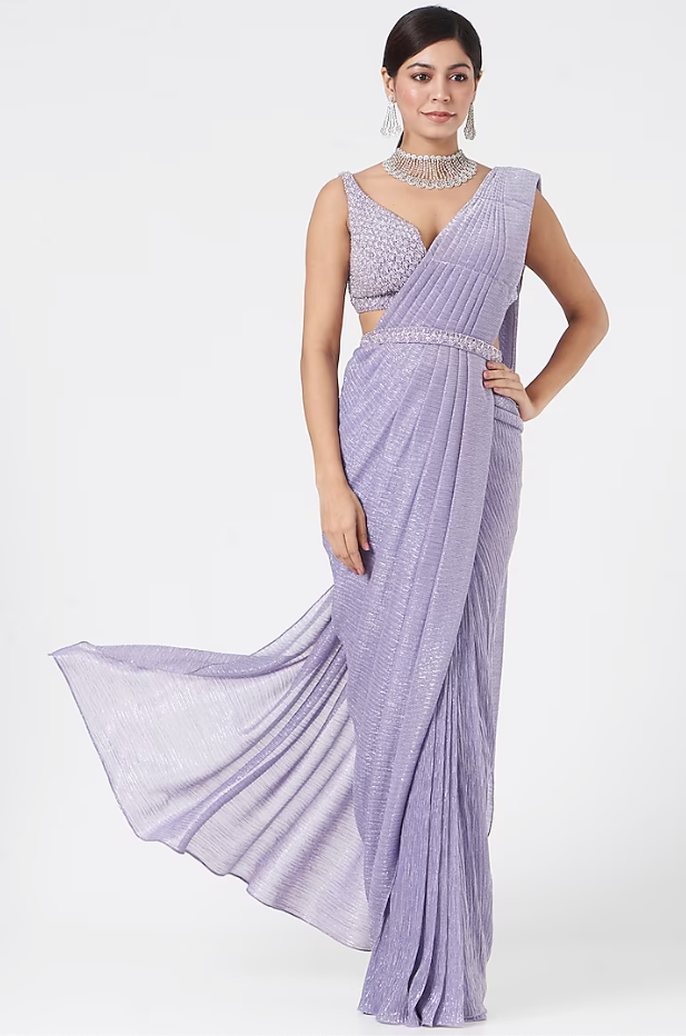 Mauve Wrinkled Lurex Pre-Draped Saree - Ready to Ship