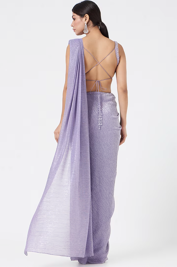 Mauve Wrinkled Lurex Pre-Draped Saree - Ready to Ship