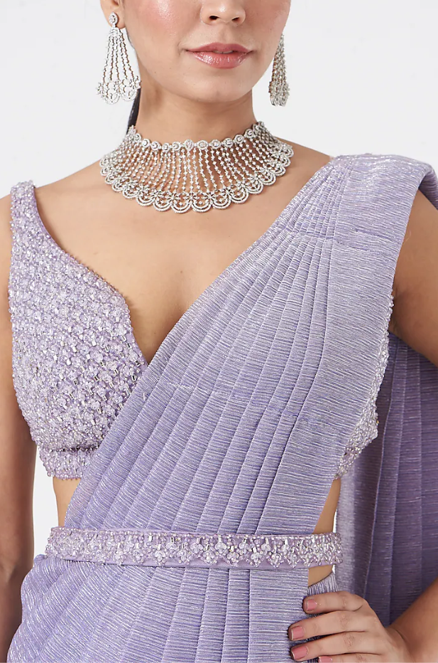 Mauve Wrinkled Lurex Pre-Draped Saree - Ready to Ship