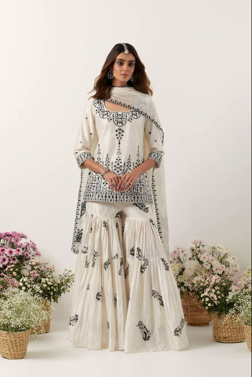 Ivory Mirror &amp; Resham Embroidered Kurti Paired with Gharara &amp; Dupatta - Ready to Ship