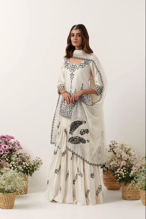 Ivory Mirror &amp; Resham Embroidered Kurti Paired with Gharara &amp; Dupatta - Ready to Ship