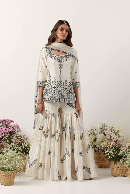 Ivory Mirror &amp; Resham Embroidered Kurti Paired with Gharara &amp; Dupatta - Ready to Ship