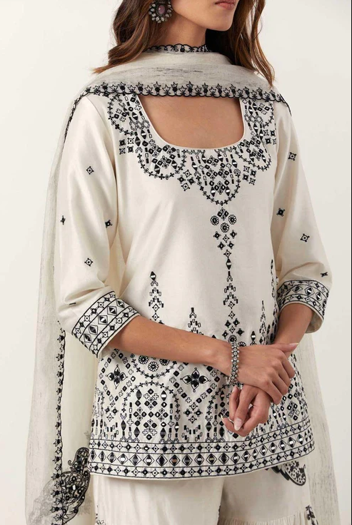 Ivory Mirror &amp; Resham Embroidered Kurti Paired with Gharara &amp; Dupatta - Ready to Ship