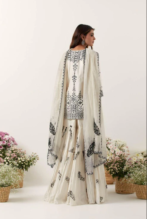 Ivory Mirror &amp; Resham Embroidered Kurti Paired with Gharara &amp; Dupatta - Ready to Ship