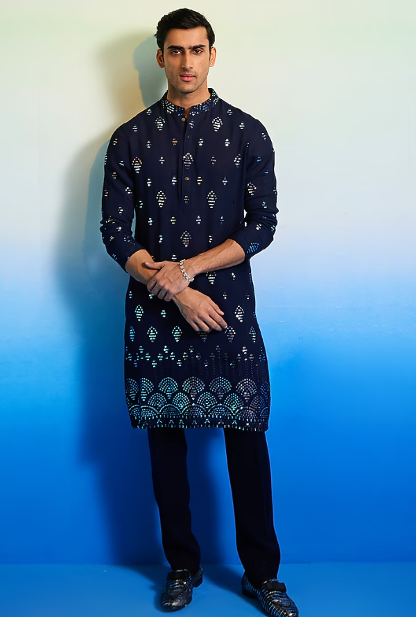 Canzo Blue Georgette Mirror Embellished Kurta Set - Ready to Ship