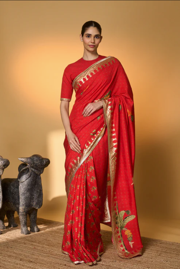 Red Tropical Amber Arches Saree