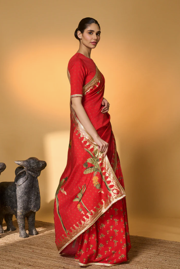 Red Tropical Amber Arches Saree