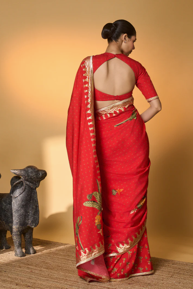 Red Tropical Amber Arches Saree