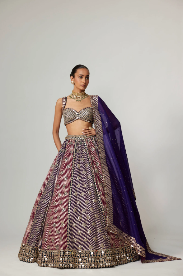 Teal Wine Multicolor Lehenga Set with Dupatta and Optional Double Dupatta