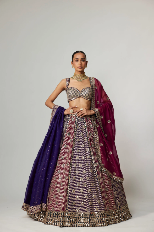 Teal Wine Multicolor Lehenga Set with Dupatta and Optional Double Dupatta
