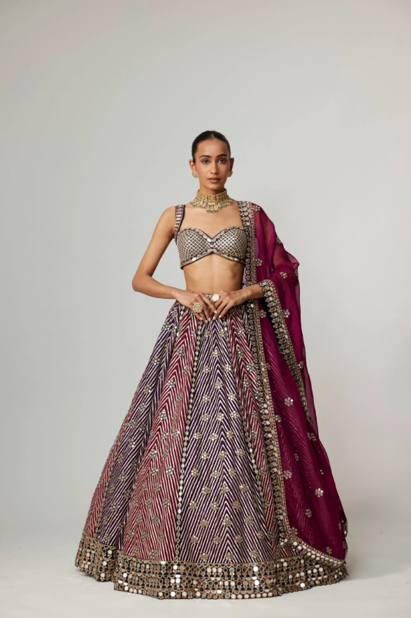 Teal Wine Multicolor Lehenga Set with Dupatta and Optional Double Dupatta