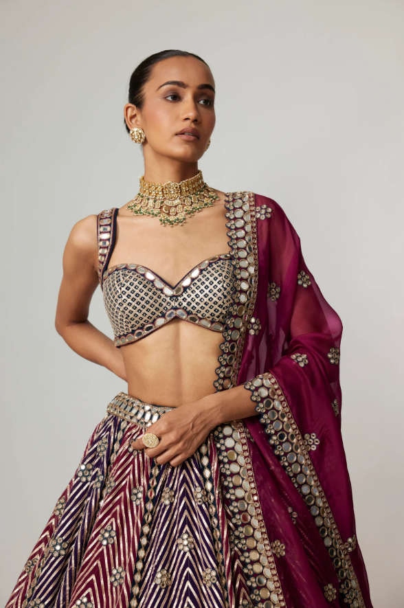 Teal Wine Multicolor Lehenga Set with Dupatta and Optional Double Dupatta