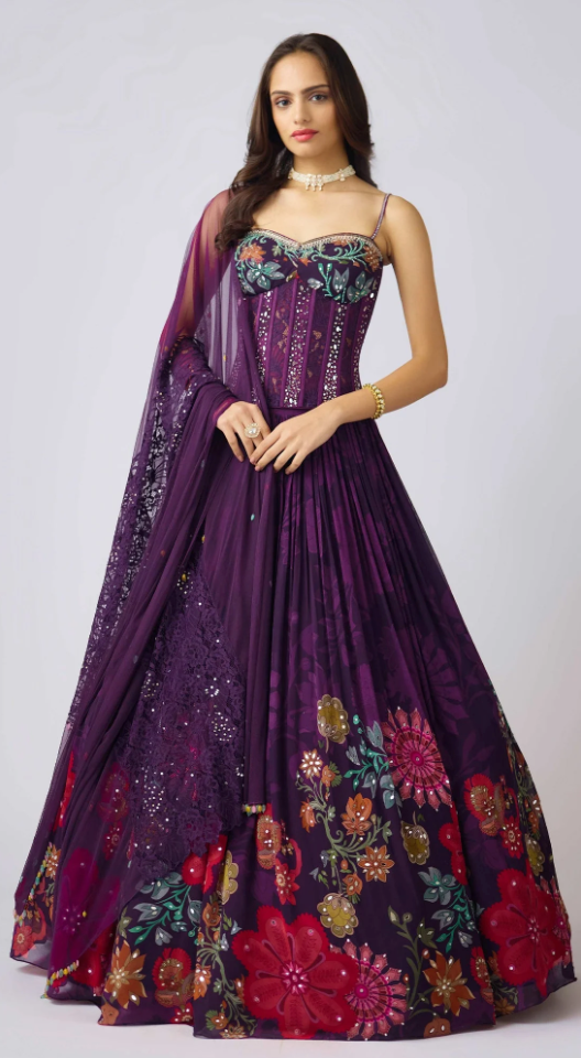 Purple Georgette Embroidered Lehenga Set - Ready to Ship