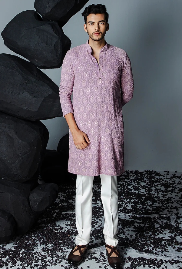Lavender Georgette Resham Embroidered Kurta Set - Ready to Ship