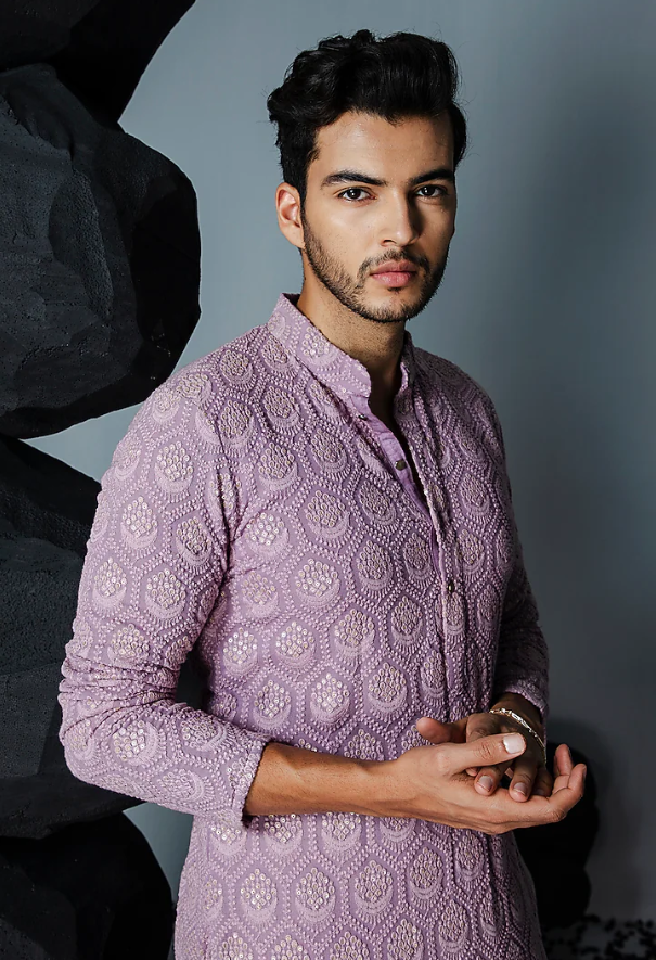 Lavender Georgette Resham Embroidered Kurta Set - Ready to Ship