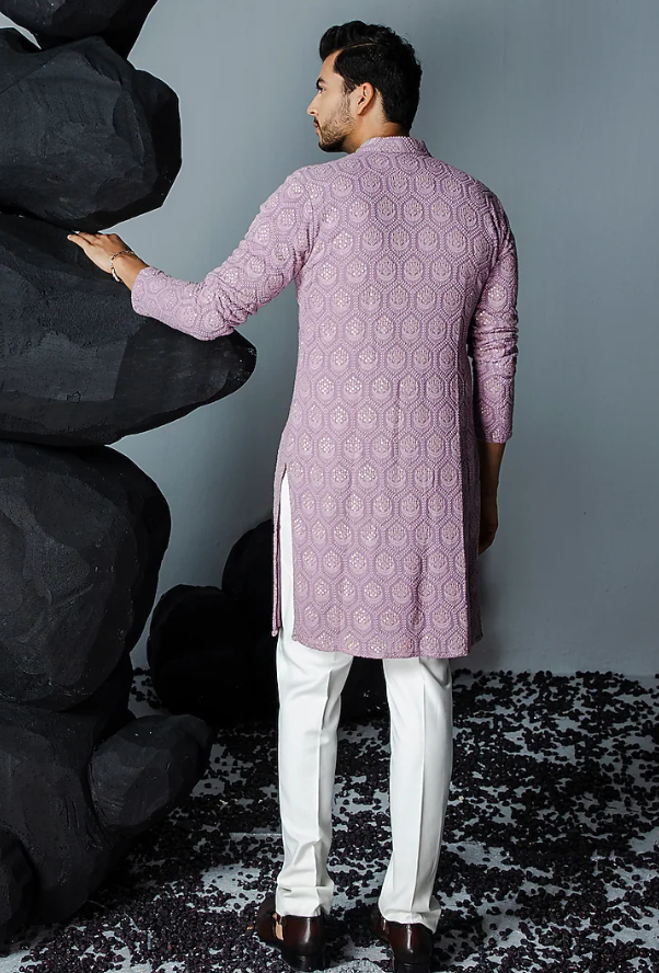 Lavender Georgette Resham Embroidered Kurta Set - Ready to Ship
