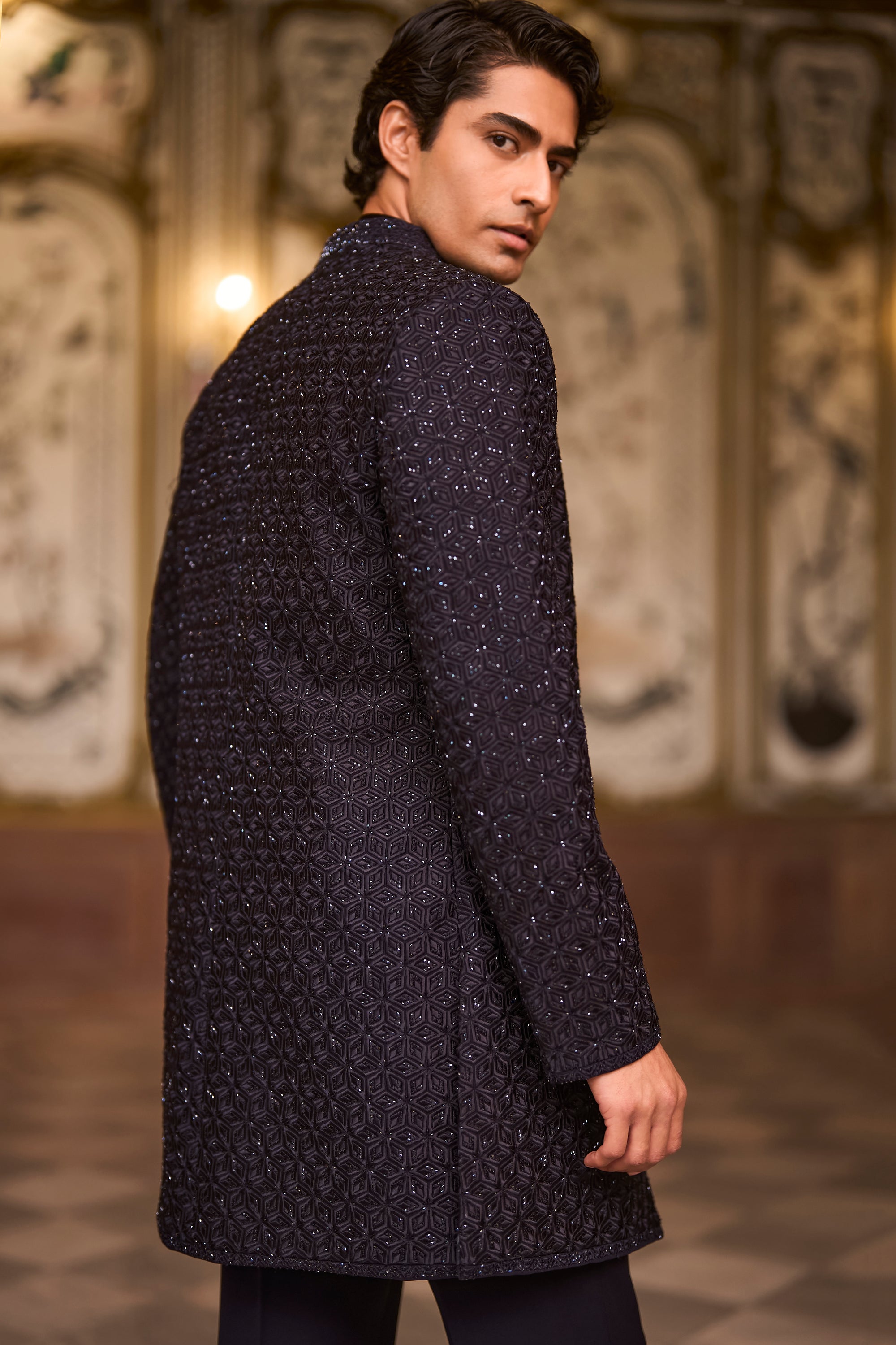 Navy Open Sherwani Set