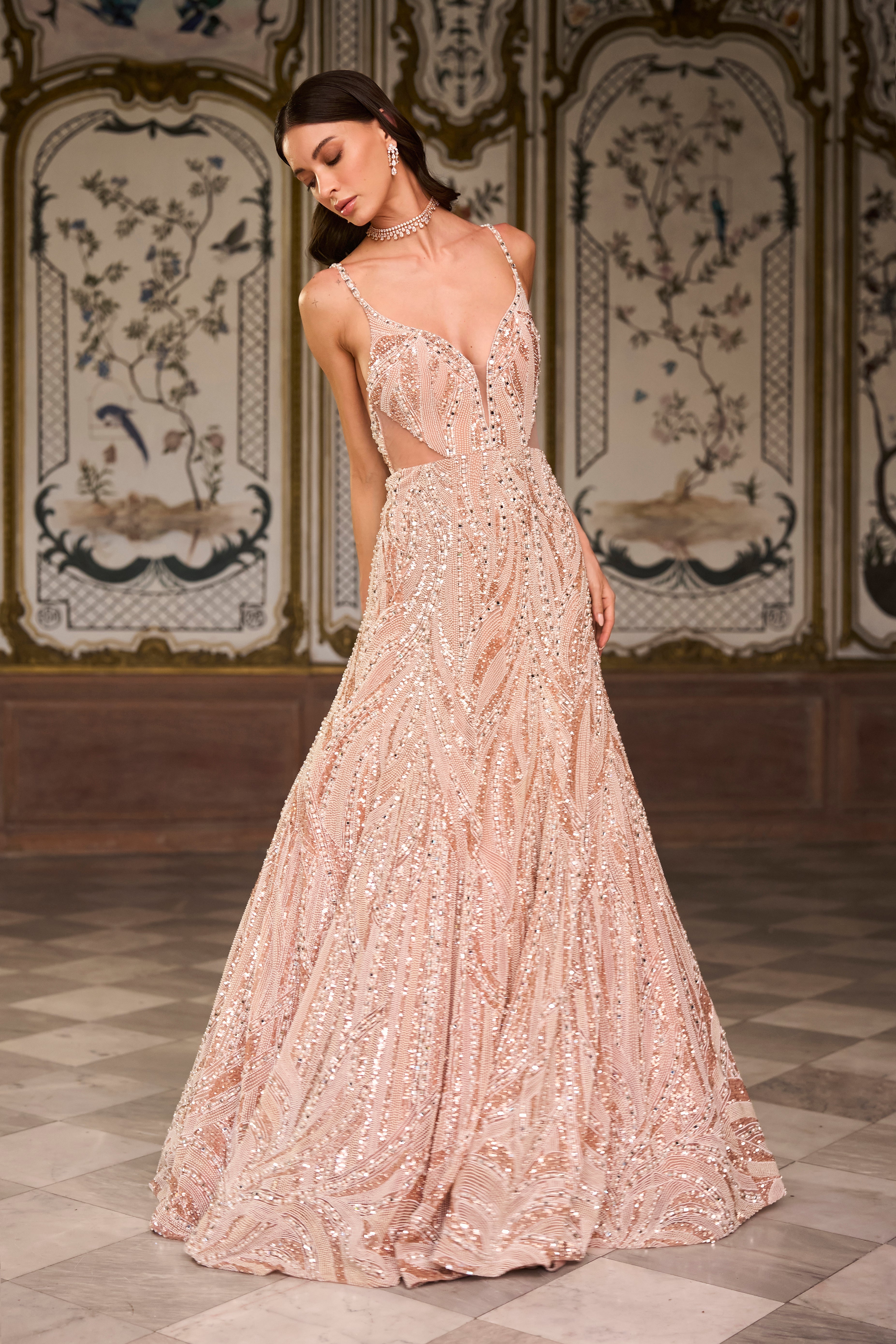 rose gold pink wedding dress Sunny's Bridal - Seema Gujral - Pearl Gown white and rose gold wedding dress