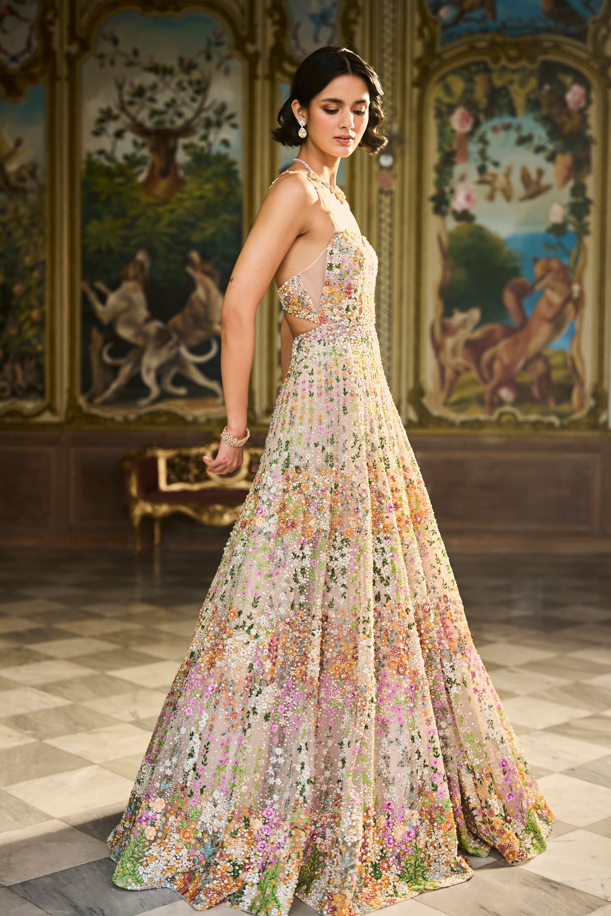 Nude Multi-Coloured Floral Gown