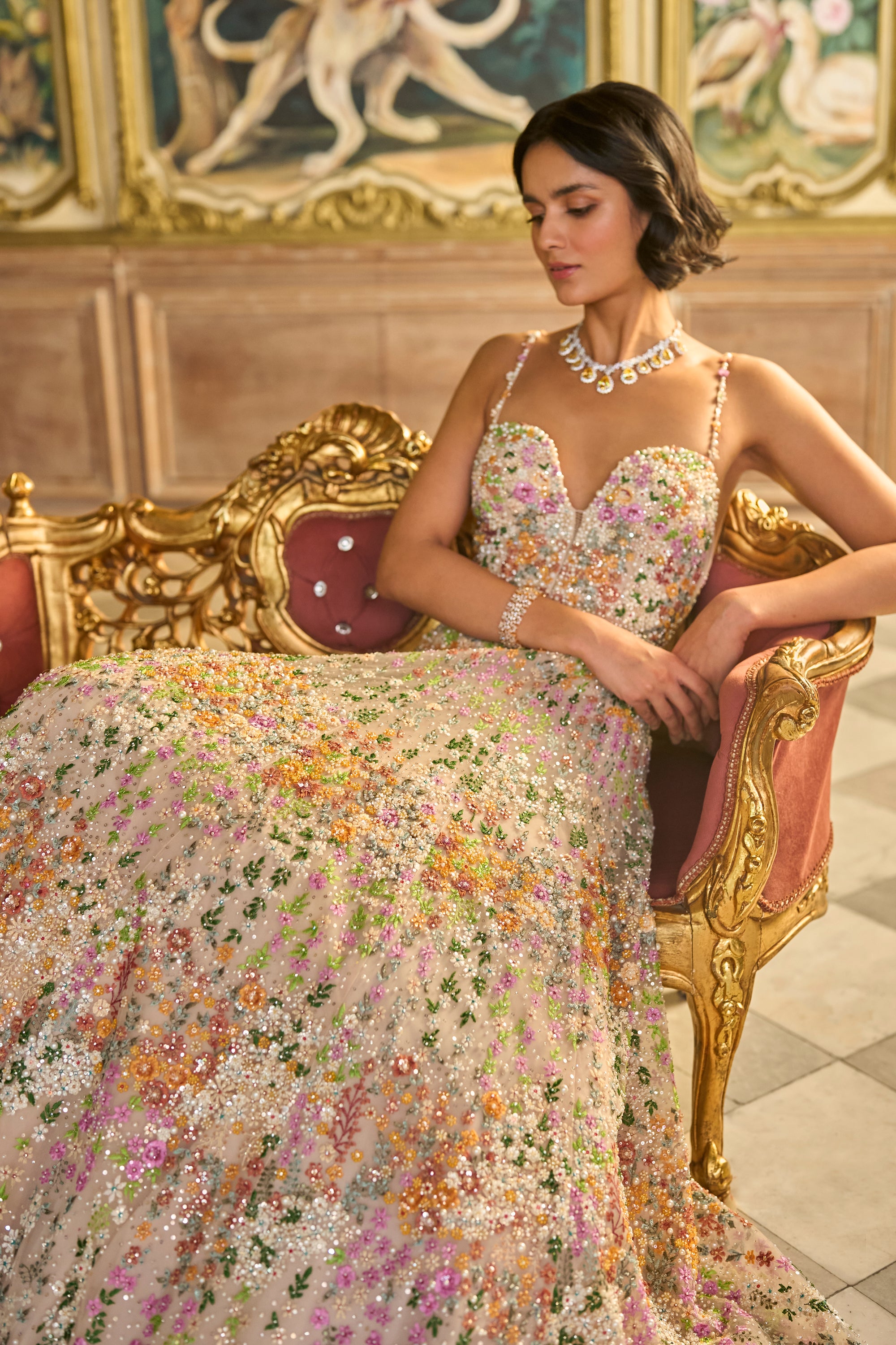 Nude Multi-Coloured Floral Gown